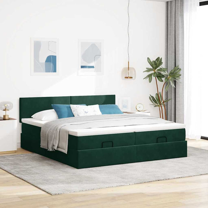 Cadru de pat otoman cu saltele Verde închis 200x200cm catifea - WALTI WALTI