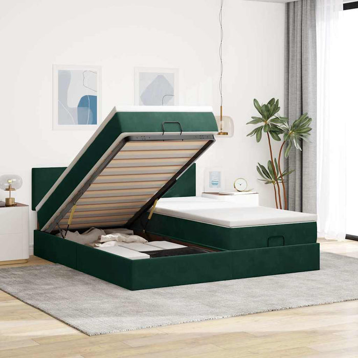 Cadru de pat otoman cu saltele Verde închis 160x200cm catifea - WALTI WALTI