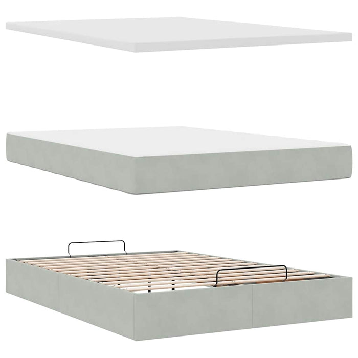 Cadru de pat otoman cu saltele Gri deschis 140x190cm catifea - WALTI WALTI