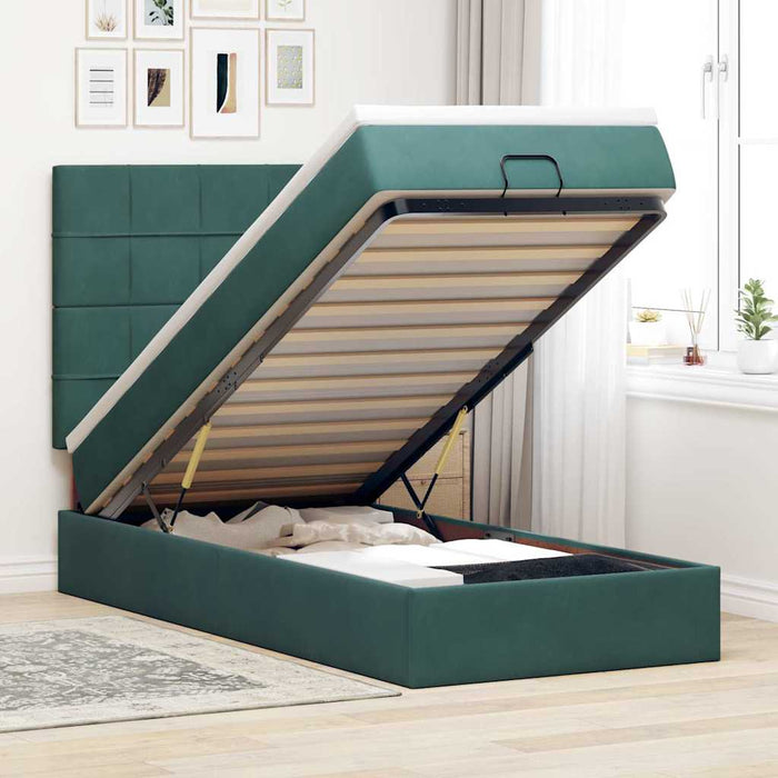 Cadru de pat otoman cu saltele, catifea verde închis 80x200cm - WALTI WALTI