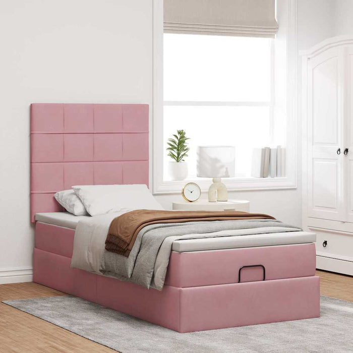 Cadru de pat otoman cu saltele, catifea roz 90x190cm - WALTI WALTI