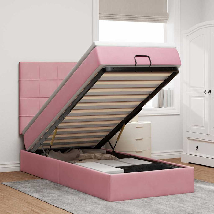 Cadru de pat otoman cu saltele, catifea roz 90x190cm - WALTI WALTI