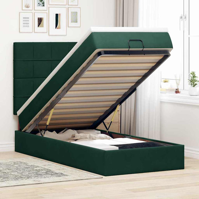 Cadru de pat otoman cu saltele, catifea verde închis 90x200cm - WALTI WALTI