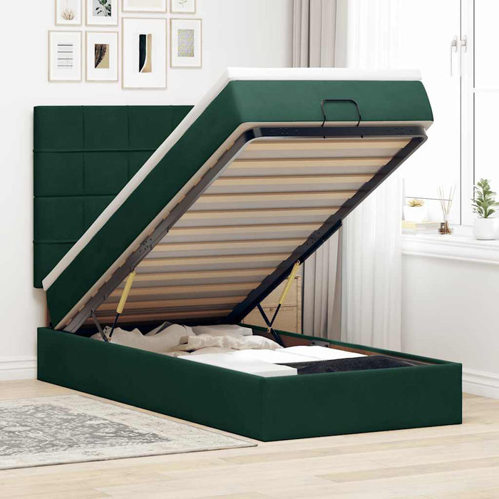 Cadru de pat otoman cu saltele, catifea verde închis 100x200cm - WALTI WALTI