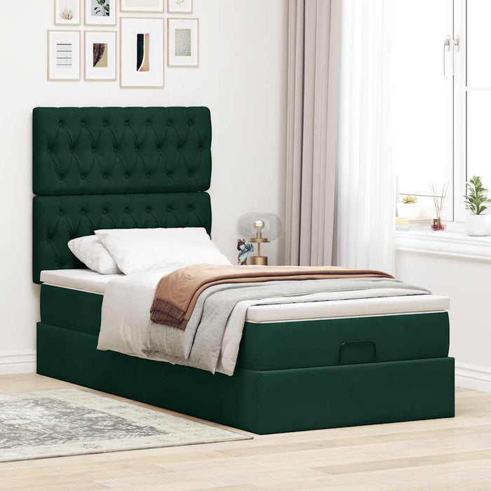 Cadru de pat otoman cu saltele, catifea verde închis 90x190cm - WALTI WALTI