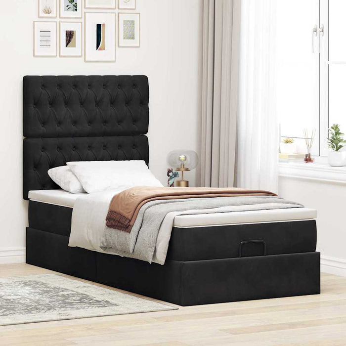 Cadru de pat otoman cu saltele, catifea neagră 90x200cm - WALTI WALTI