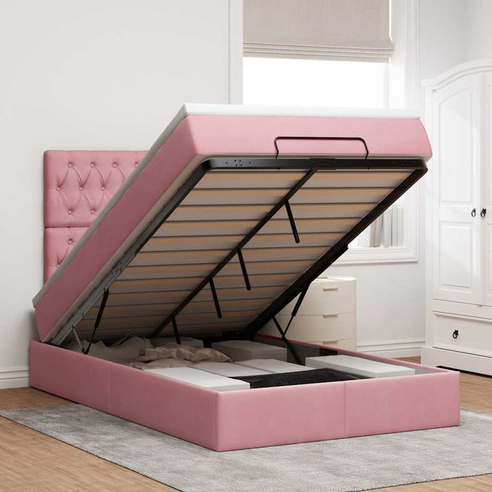 Cadru de pat otoman cu saltea, catifea roz 120x200cm WALTI