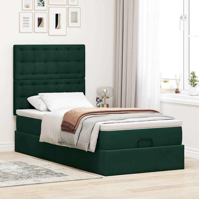 Cadru de pat otoman cu saltele, catifea verde închis 90x190cm - WALTI WALTI