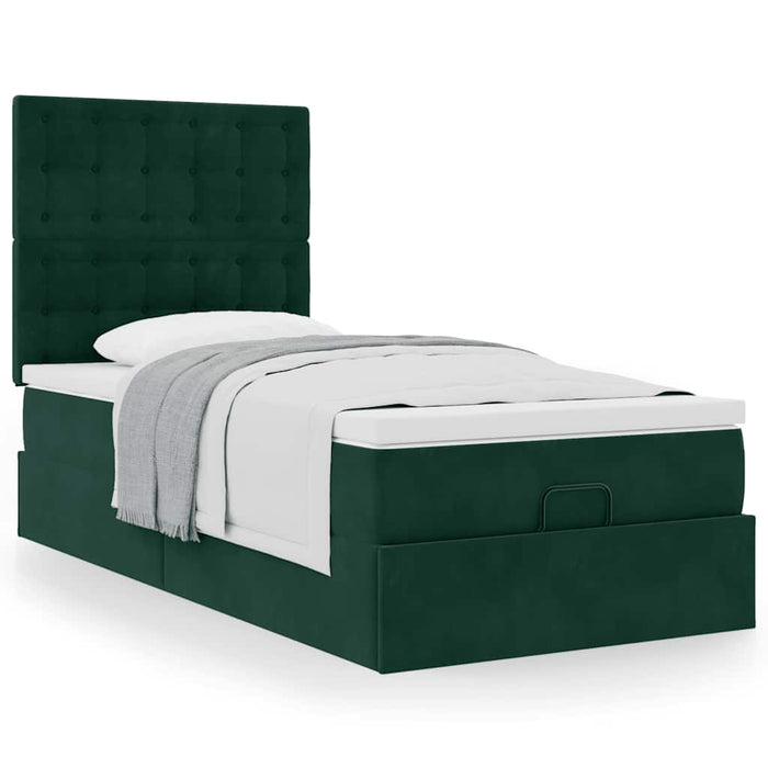 Cadru de pat otoman cu saltele, catifea verde închis 90x190cm - WALTI WALTI