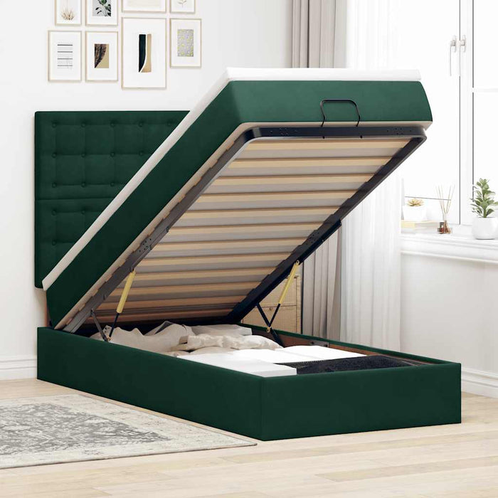 Cadru de pat otoman cu saltele, catifea verde închis 90x190cm - WALTI WALTI