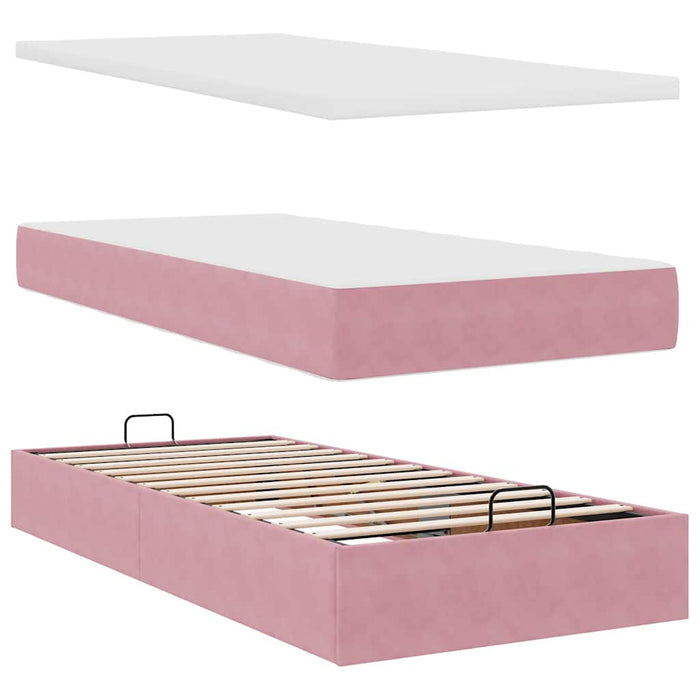 Cadru de pat otoman cu saltele, catifea roz 90x190cm - WALTI WALTI