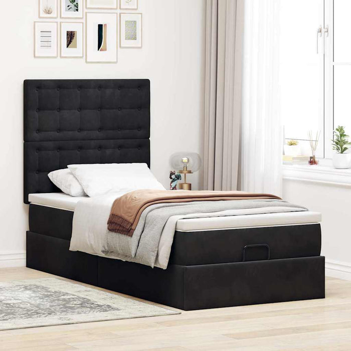 Cadru de pat otoman cu saltele, catifea neagră 90x200cm - WALTI WALTI
