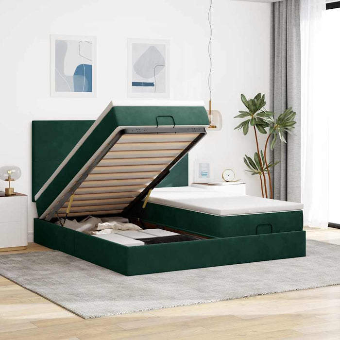 Cadru de pat otoman cu saltele, catifea verde închis 180x200cm - WALTI WALTI