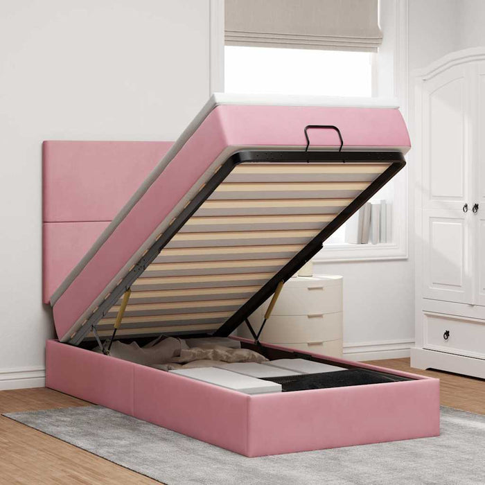 Cadru de pat otoman cu saltele, catifea roz 90x190cm - WALTI WALTI