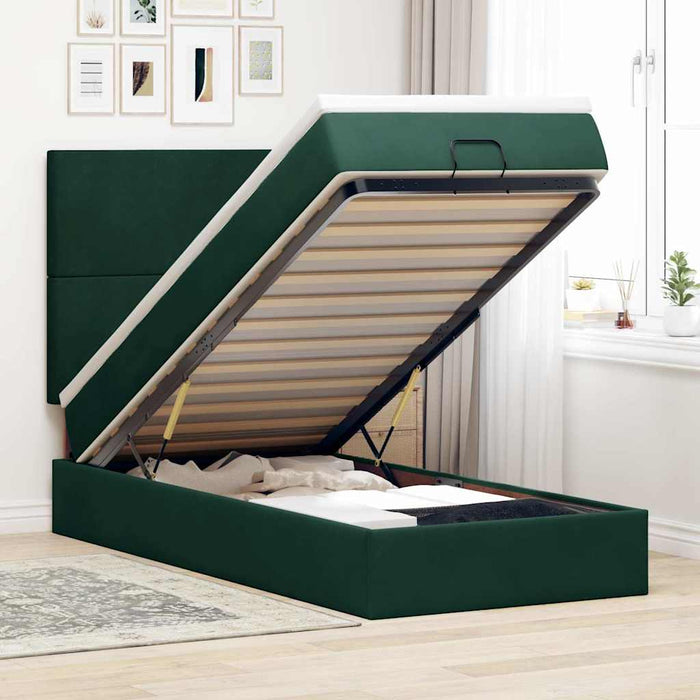 Cadru de pat otoman cu saltele, catifea verde închis 90x200cm - WALTI WALTI