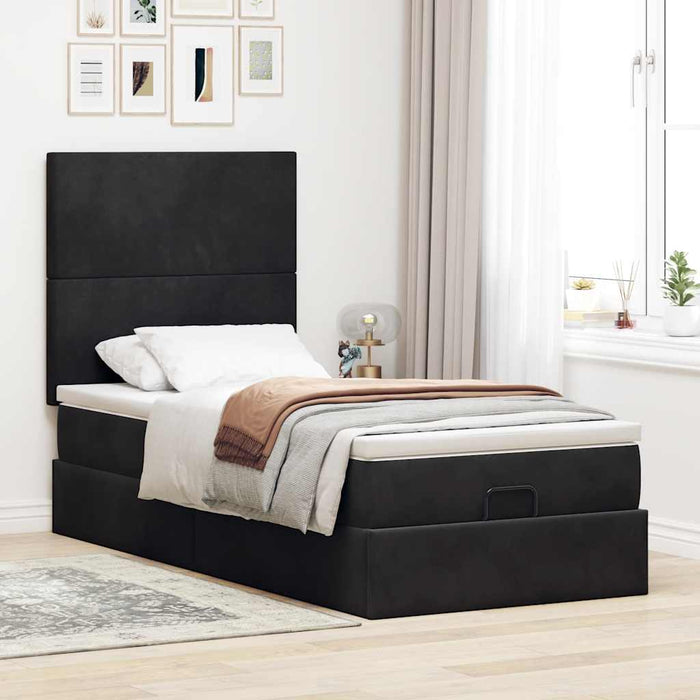 Cadru de pat otoman cu saltele, catifea neagră 100x200cm - WALTI WALTI