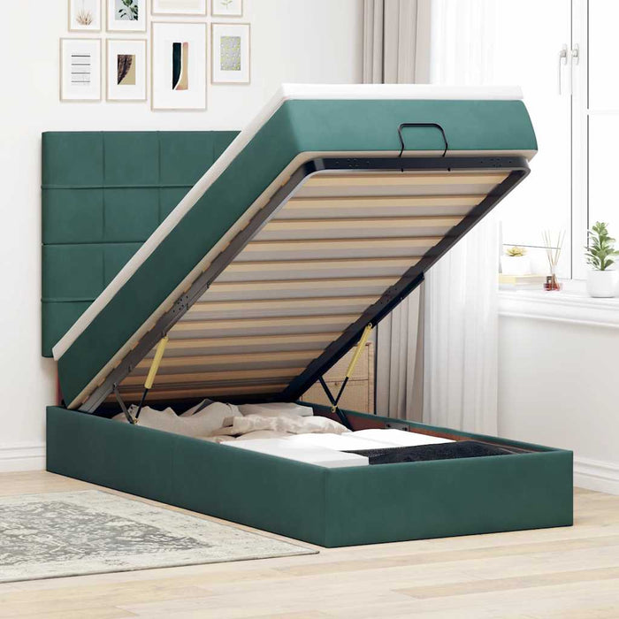 Cadru de pat otoman cu saltele, catifea verde închis 90x200cm - WALTI WALTI