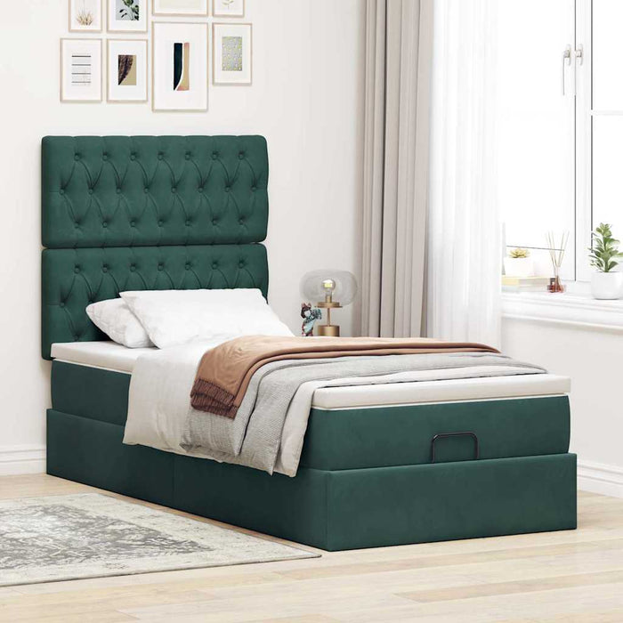 Cadru de pat otoman cu saltele, catifea verde închis 90x190cm - WALTI WALTI