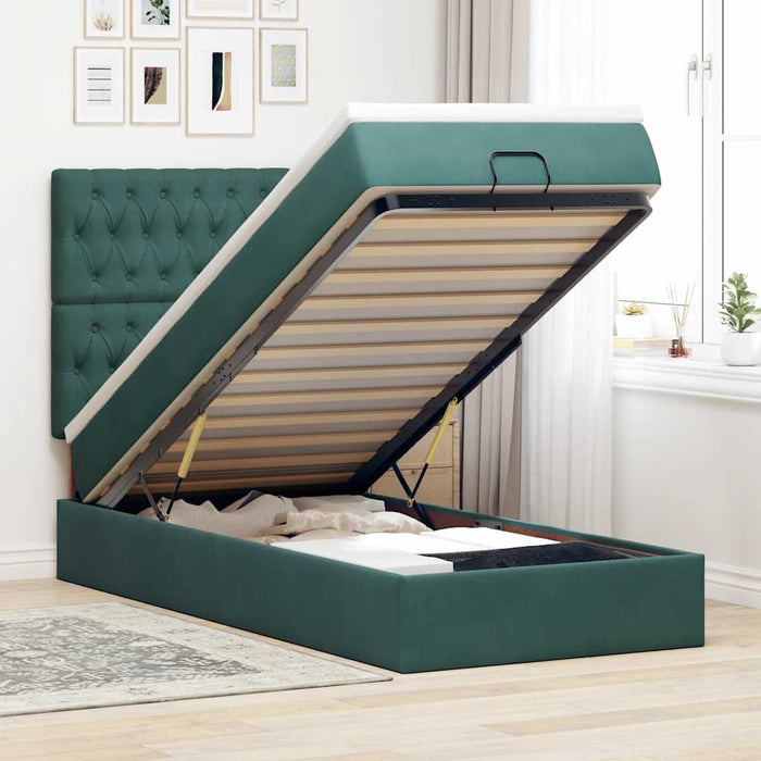Cadru de pat otoman cu saltele, catifea verde închis 90x190cm - WALTI WALTI