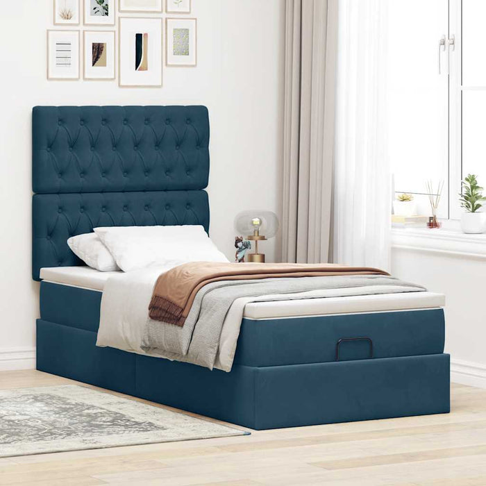 Cadru de pat otoman cu saltele Albastru închis 90x190cm catifea WALTI
