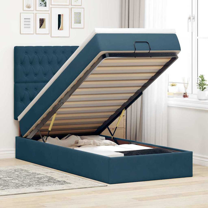 Cadru de pat otoman cu saltele Albastru închis 90x190cm catifea WALTI