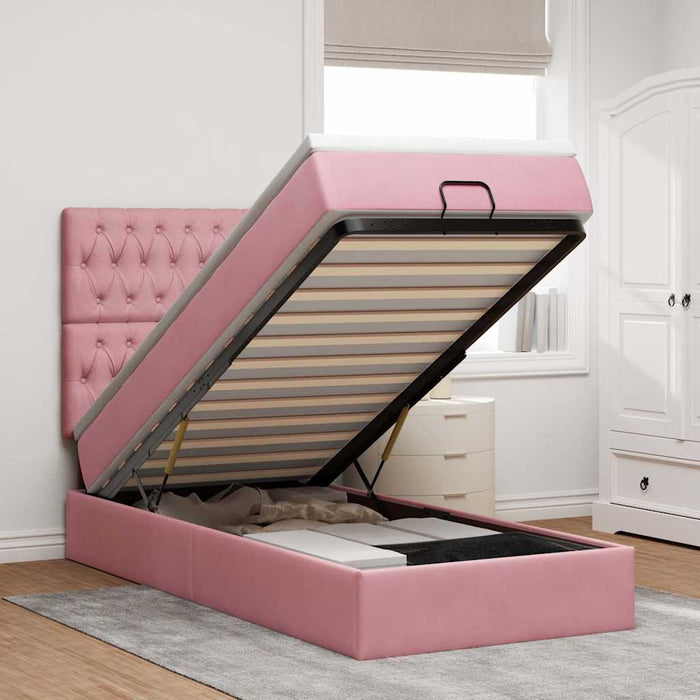 Cadru de pat otoman cu saltele, catifea roz 90x190cm - WALTI WALTI