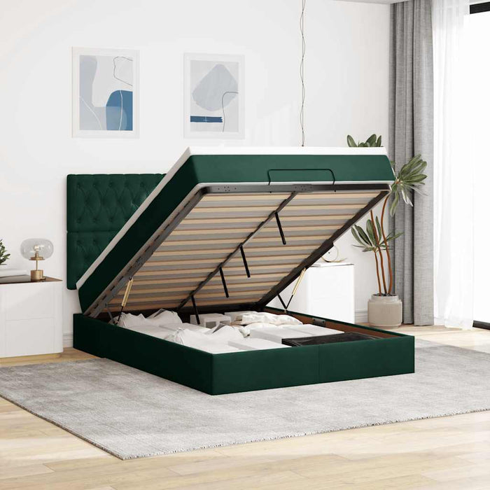 Cadru de pat otoman cu saltele, catifea verde închis 140x190cm - WALTI WALTI