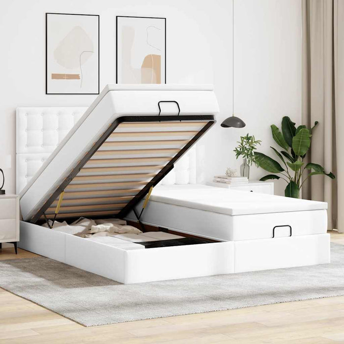 Cadru pat otoman cu saltele alb pur 200x200cm piele artificială - WALTI WALTI