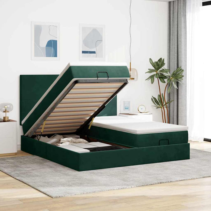 Cadru de pat otoman cu saltele Verde închis 160x200cm catifea - WALTI WALTI