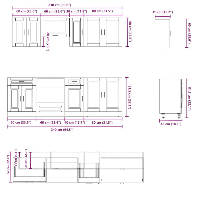 Set dulap de bucătărie 8 piese „Kalmar” lemn negru prelucrat - WALTI WALTI