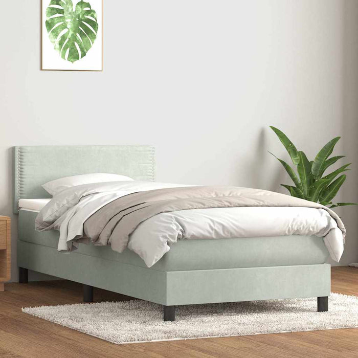 Pat box spring cu saltea, gri deschis, 100x220 cm, catifea WALTI