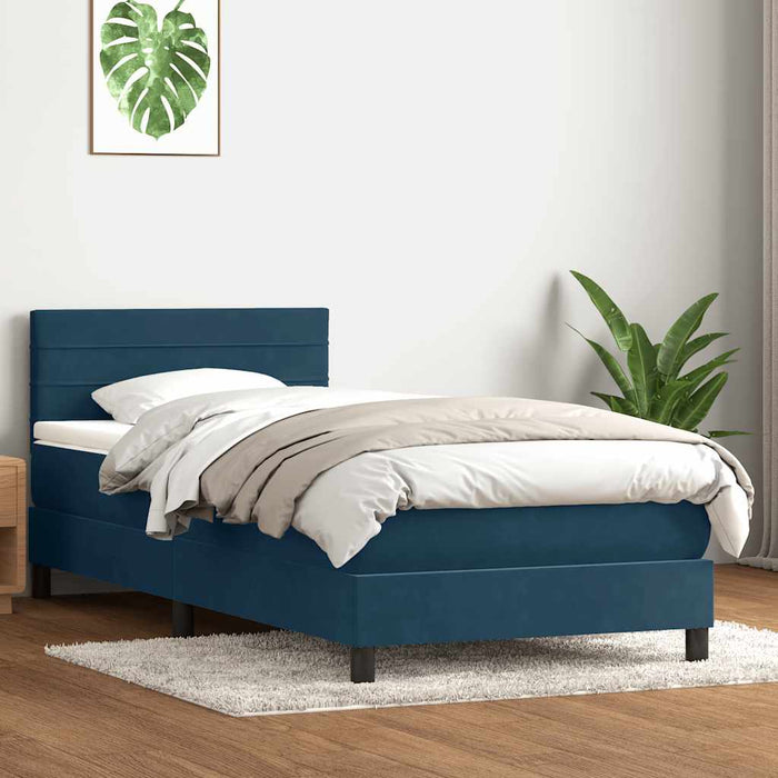 Pat box spring cu saltea, albastru închis, 90x220 cm, catifea WALTI