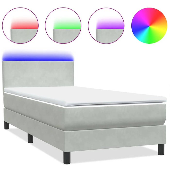 Pat cu arcuri cu saltea și LED, gri deschis, 80x220 cm, catifea WALTI
