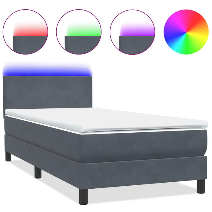 Pat cu arcuri cu saltea și LED, gri închis, 100x220 cm, catifea WALTI