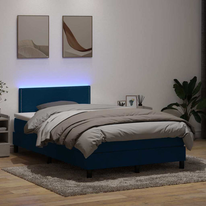 Pat cu arcuri cu saltea și LED, albastru închis, 120x220 cm, catifea WALTI