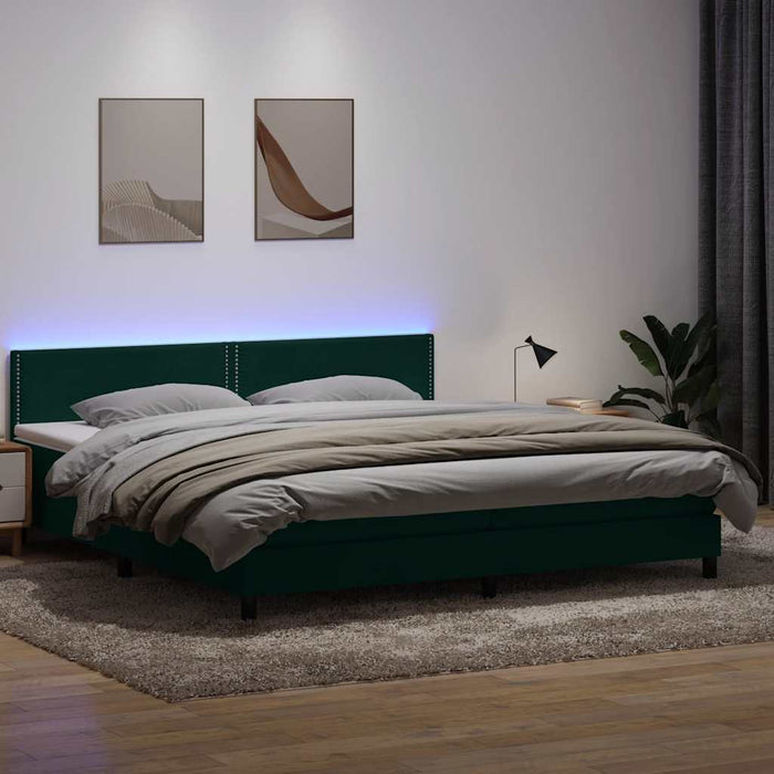 Pat cu arcuri cu saltea și LED, verde închis, 180x220 cm, catifea WALTI
