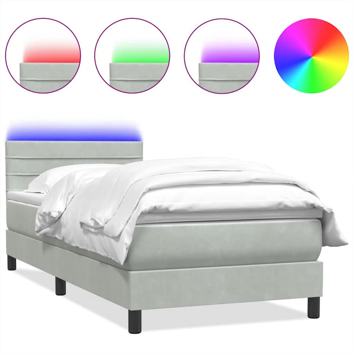 Pat cu arcuri cu saltea și LED, gri deschis, 90x210 cm, catifea WALTI