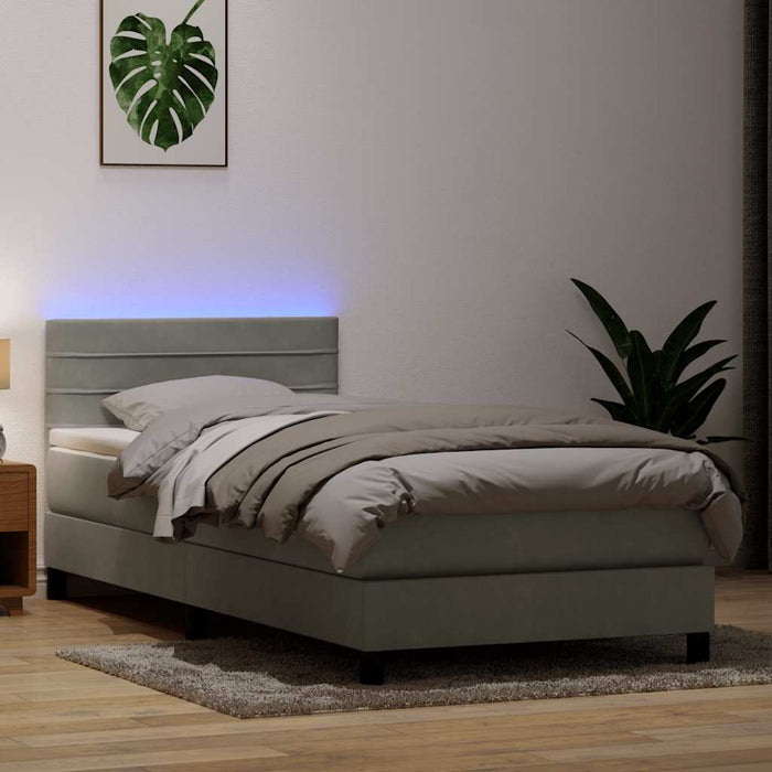Pat cu arcuri cu saltea și LED, gri deschis, 90x210 cm, catifea WALTI