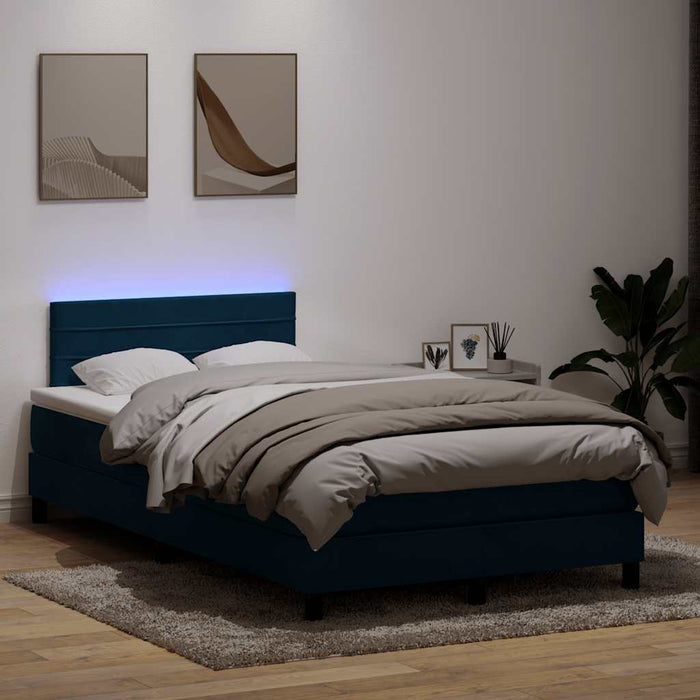 Pat cu arcuri cu saltea și LED, albastru închis, 120x220 cm, catifea WALTI