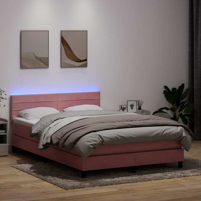 Pat cu arcuri cu saltea și LED, roz, 140x220 cm, catifea WALTI