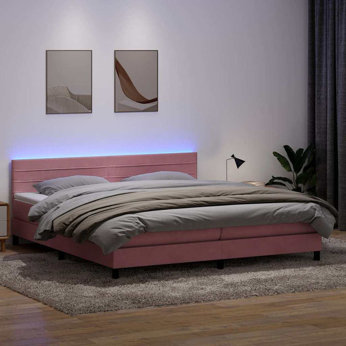 Pat cu arcuri cu saltea și LED, roz, 200x220 cm, catifea WALTI