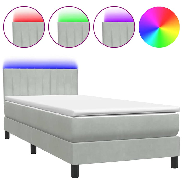 Pat cu arcuri cu saltea și LED, gri deschis, 90x210 cm, catifea WALTI