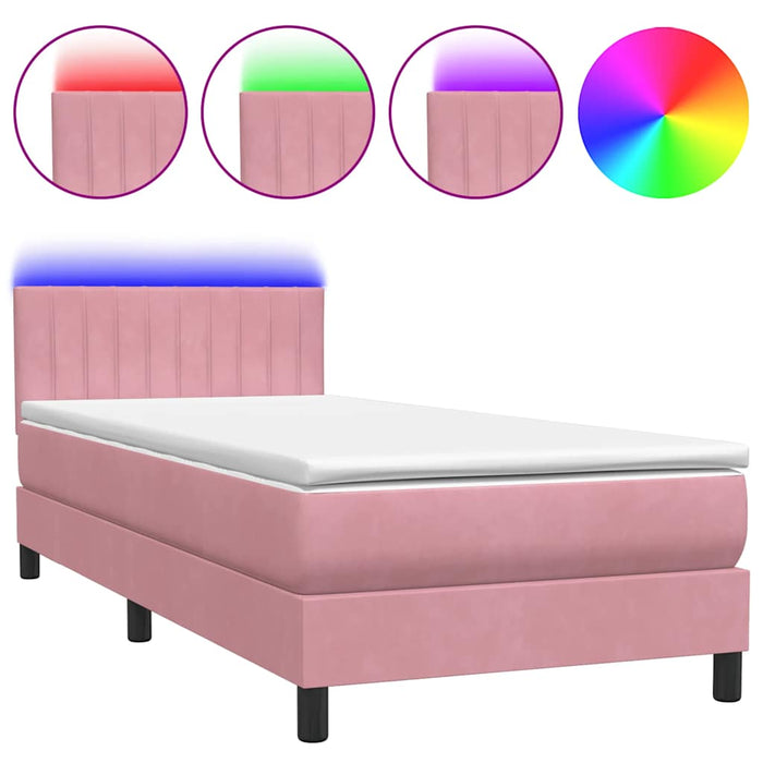 Pat cu arcuri cu saltea și LED, roz, 90x210 cm, catifea - WALTI WALTI