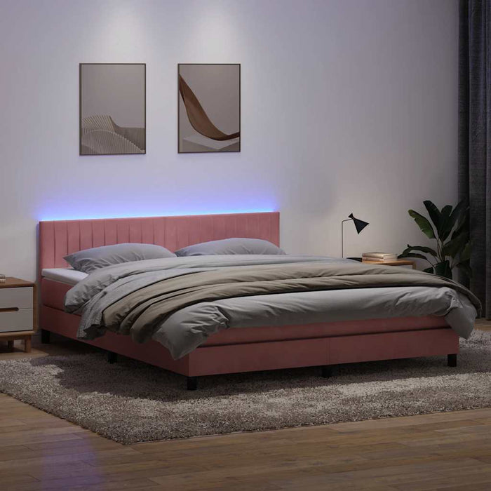 Pat cu arcuri cu saltea și LED, roz, 180x210 cm, catifea WALTI