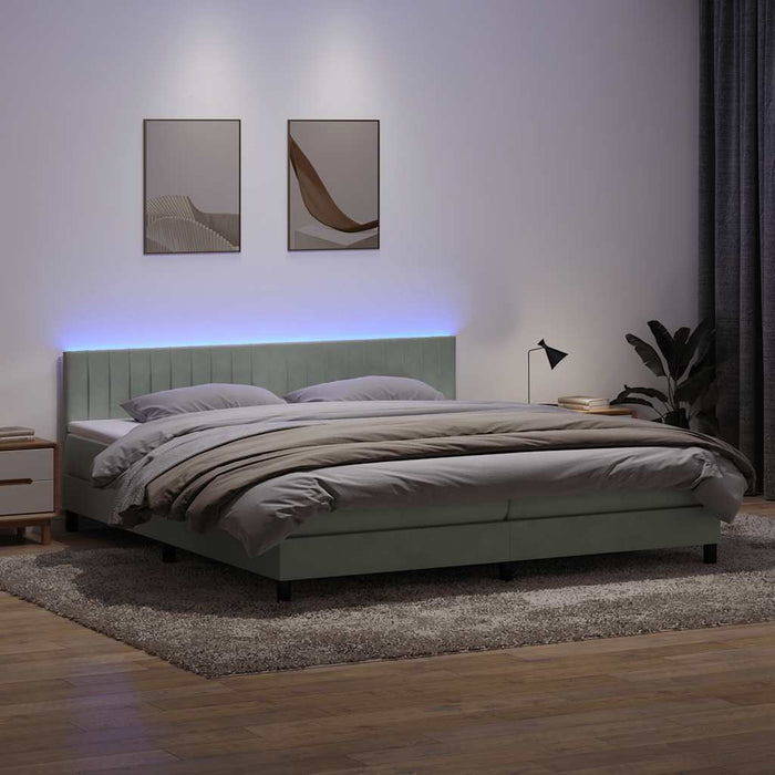 Pat cu arcuri cu saltea și LED, gri deschis, 200x210 cm, catifea WALTI