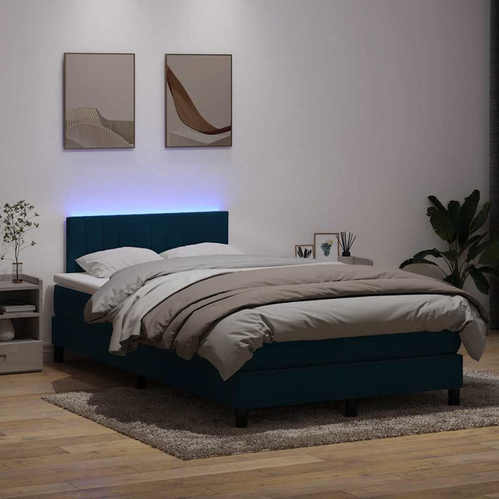 Pat cu arcuri cu saltea și LED, albastru închis, 120x220 cm, catifea WALTI