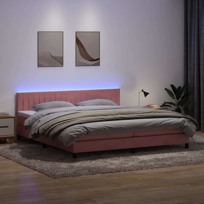 Pat cu arcuri cu saltea și LED, roz, 200x220 cm, catifea WALTI