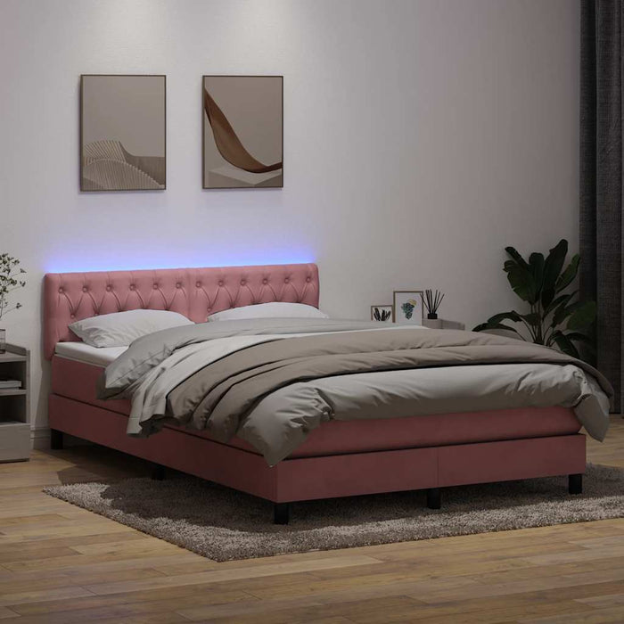 Pat cu arcuri cu saltea și LED, roz, 140x210 cm, catifea - WALTI WALTI