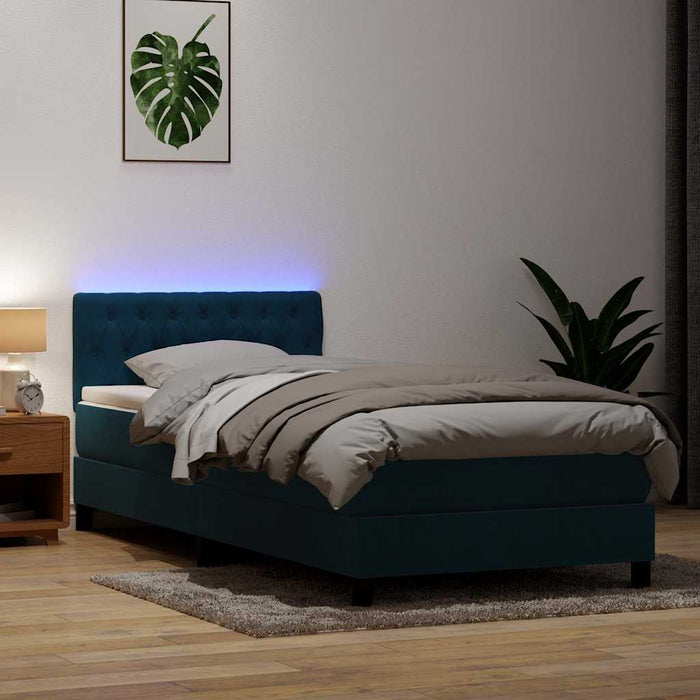 Pat cu arcuri cu saltea și LED, albastru închis, 80x220 cm, catifea WALTI