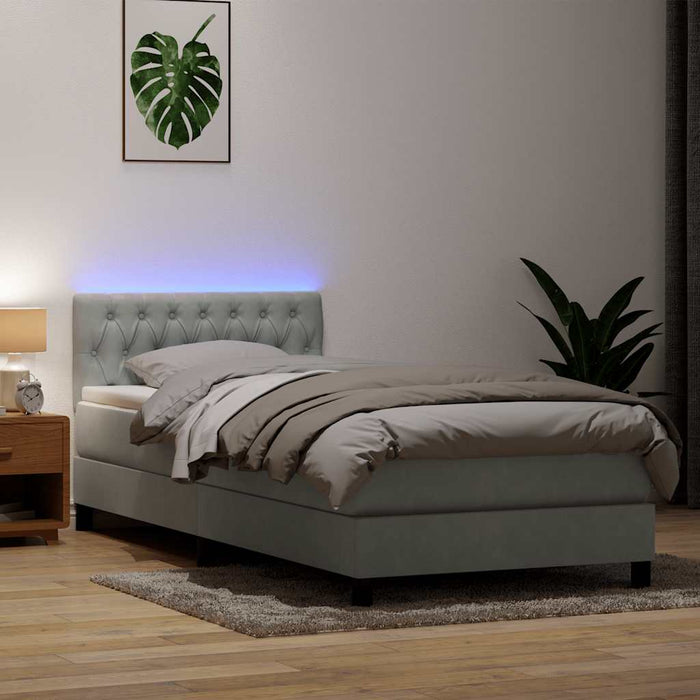 Pat cu arcuri cu saltea și LED, gri deschis, 90x220 cm, catifea - WALTI WALTI
